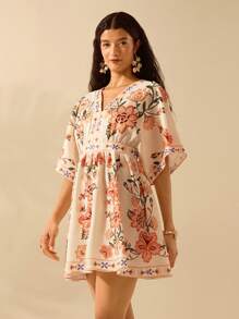 CAJUNI Đầm ngắn rộng rãi cổ chữ V họa tiết hoa nhiệt đới Boho dành cho nữ, trang phục đi biển thường ngày ngày lễ mùa hè - Nhiều màu - Xem 7