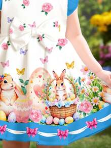 SHEIN Leap Crew Easter Style, Adorable Bunny & Easter Egg Party Pattern Baby Girl Sweet Bow Cartoon Print Long Sleeve Dress, Suitable For Spring/Summer - Multicolor - View 4
