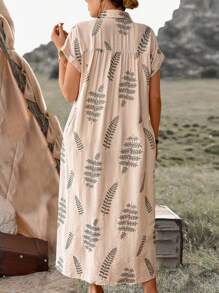 Ceyna Plus Size Boho Spring/Summer Vacation Casual Office Embroidered Shirt Collar Dropped Shoulder Long Dress With Button Decor - Apricot - View 2