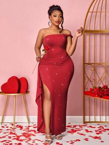 Maweii Plus Size Women's Fashionable And Elegant Asymmetrical Shoulder High Slit, Lotus Leaf Sparkling Long Dress, Suitable For Parties, Music Festivals, ,Other Gathering Places,Party,Spring Dress,Evening Dress,Wedding Women Dress - Red - View 3