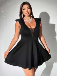 Viva Relle 大码女式纯色网眼拼接盖袖性感连衣裙