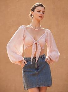 SHEIN Privé Blusa de manga larga con cordones en la espalda y acabado metálico en color rosa para mujeres - Rosa - Ver 6