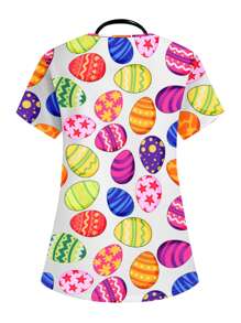 PopScrub V-Neck Easter Egg Print Short Sleeve Scrub Top