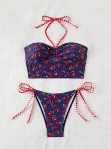 Swim Mod Springbreak 2pcs Women Casual Beach Party Spaghetti Strap Textured Fabric Cherry Print Tank Top And Bikini Swimwear Set