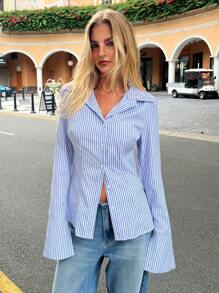 Forever 21 春夏女士浪漫/舞会/正式/生日/90 年代/商务休闲女士/优雅/西部装/外出/时尚/休闲/Y2k/俱乐部/办公室/鸡尾酒会/复古/紧身/狂欢节/有趣/优雅/老钱/街头服饰/度假/乡村音乐会/工作/端庄/春假/单身女郎/音乐会/坏人/基本款/毕业/条纹长袖单排扣休闲工作服衬衫