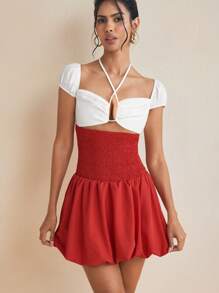 HANNA ALEKSANDRA Designer Halter Neck Smocking Puffball Mini Skirt, Concert Outfit