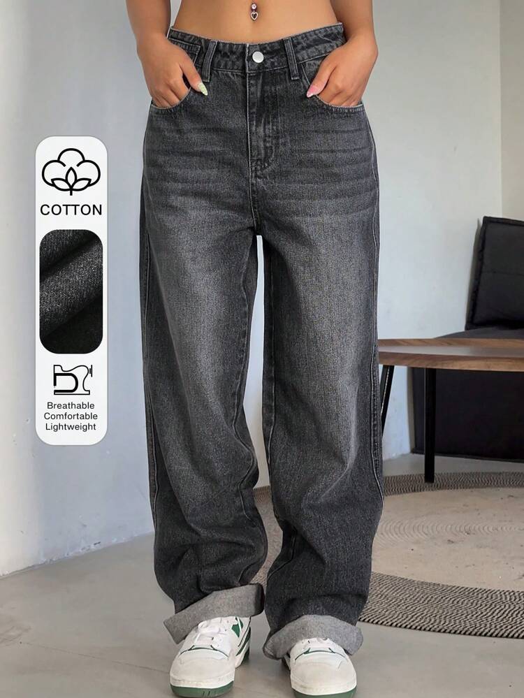 Slant Pocket Straight Leg Jeans,Baggy Jeans