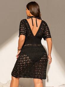 SHEIN Swim Lushore Plus Size Women's Elegant Vacation New Knit All-Black Hollow Front And Back Deep V-Neck Bikini Cover-Up Swimsuit - Black - View 3