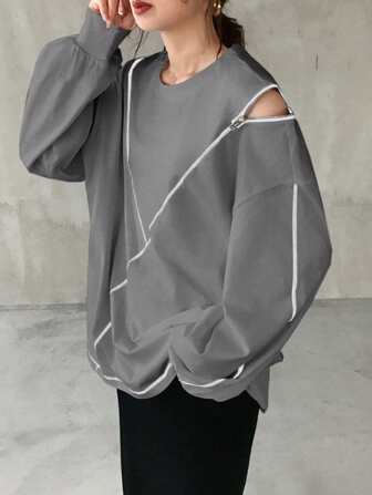 FRIFUL Damska luźna koszulka z okrągłym dekoltem i kontrastowym wykończeniem, zapinana na suwak i wycięta