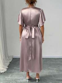 Elenzga Plus Size Women V-Neck Ruffle Sleeve Satin Reversible Dress - Champagne - View 2