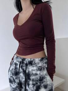 DAZY Women's Long Sleeve Crop Top Preppy Tops - Burgundy - View 4