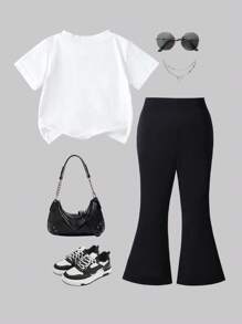 两件套女婴宽松舒适仿蕾丝蝴蝶结印花短袖上衣 + 罗纹针织喇叭裤，夏季