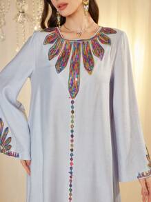 Al Najma Arabic Style Dress With Round Neck, Sequins Decor, Floral Pattern, Bell Sleeve And Flared Hem, Arabian Dresses,Modest - Blue - View 8