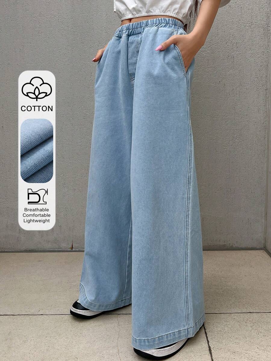 FRIFUL Women Elastic Waist Pocketed Wide Leg Loose Daily Casual Denim Pants,Baggy Jeans