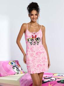 THE POWERPUFF GIRLS X SHEIN Camisón de verano para mujer con estampado de flor, burbujas y botón, de color rosa, informal y lindo