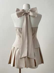 Sunspun Bộ váy mini xếp ly nơ dễ thương cỡ lớn và áo vest hai mảnh, phong cách công sở/trường học ngọt ngào dành cho nữ - Màu be - Xem 8