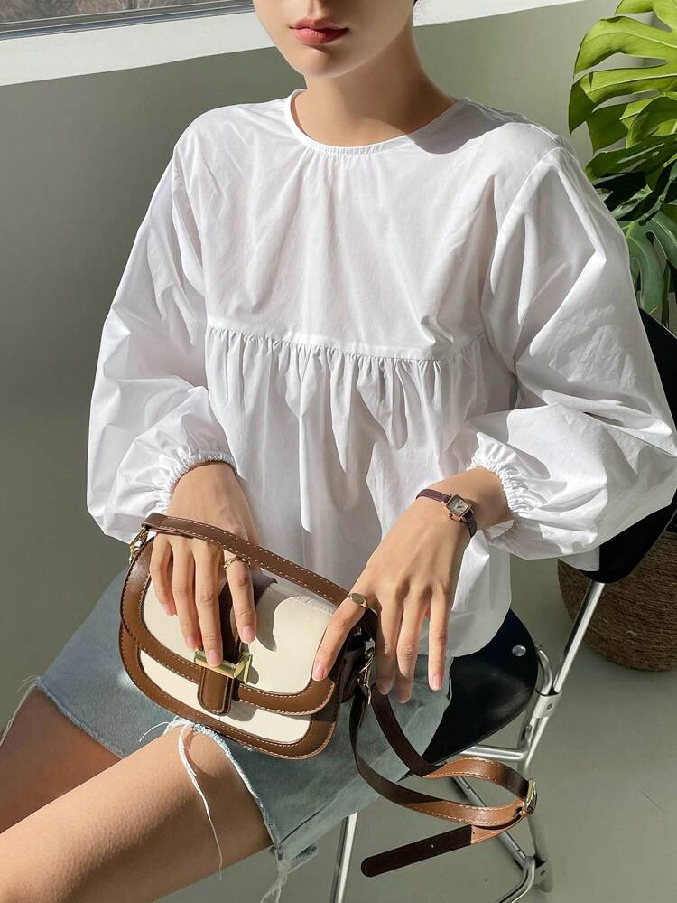 Solid Lantern Sleeve Keyhole Back Blouse,Ruffle,Fall Clothes Long Sleeve Top
