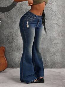 SHEIN ICON Jeans casuales y versátiles con bolsillo y efecto desgastado para mujer