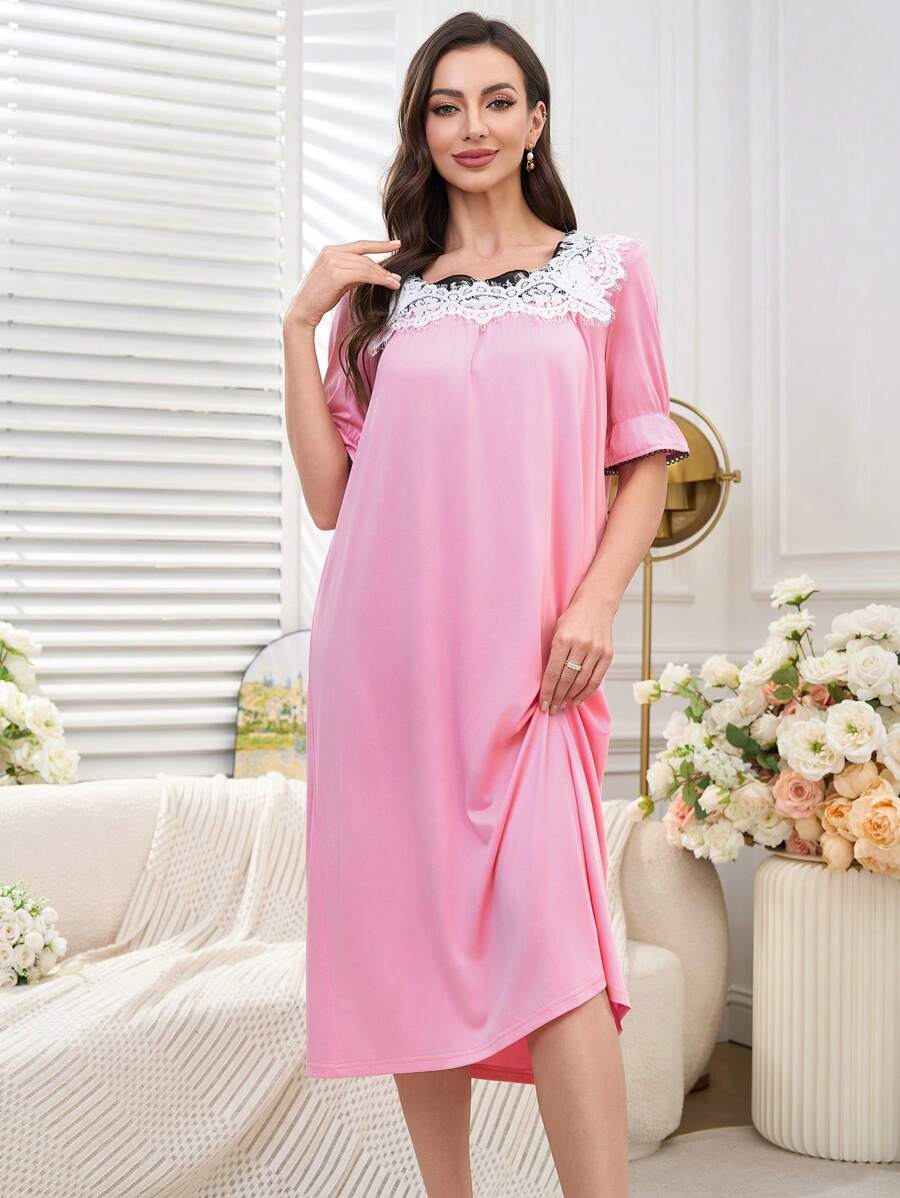 Lose Spitzen Patchwork Farbblock Damen Nachthemd, romantischer Stil aus Südfrankreich - Pink - Übersicht 1