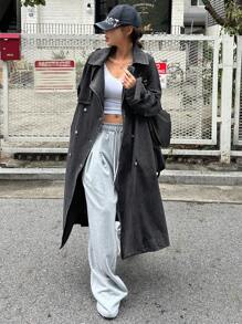 DAZY Women's Front Button Long Sleeve Pocket Minimalist Long Denim Jacket,Fall Clothes - Black - View 7