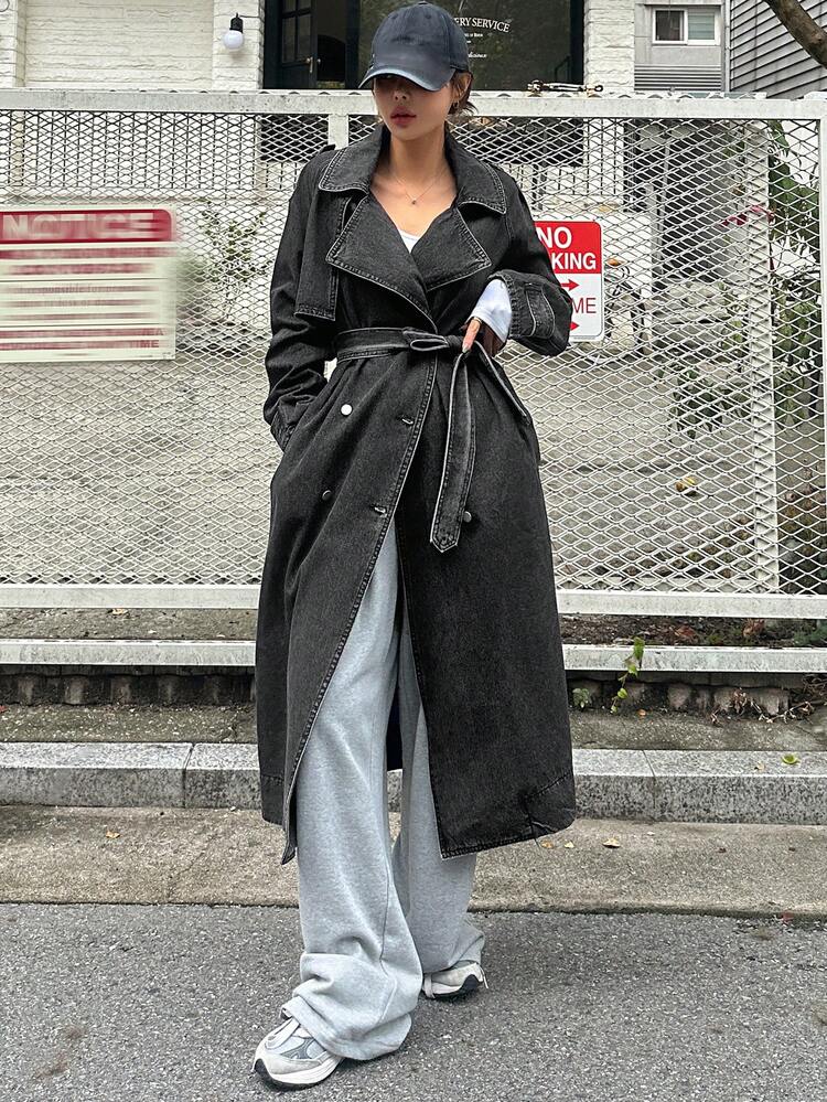 Women's Front Button Long Sleeve Pocket Minimalist Long Denim Jacket,Fall Clothes