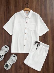 Forever 21 Men's Casual Beach Waves Wide-Collar Short Sleeve Shirt And Shorts Two-Piece Set - White - View 3