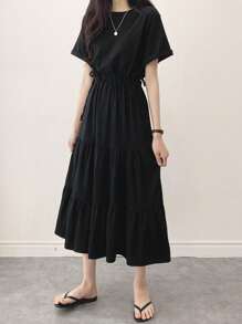 DAZY Solid Drawstring Waist Layered Hem Dress,Ladies Casual Drawstring,Ruffle Hem Short Sleeve Round Neck Regular Fit Long Black Roll Up Sleeve Plain A Line Women Long Dresses,Spring/Summer,Casual Daily Wear Sundress