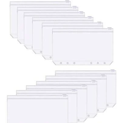 Set de 12 bolsas con cremallera transparentes de tamaños A5/A6/A7 con 6 anillas, adecuadas para oficina, estudio, exámenes, escuela, prácticas y duraderas, gran capacidad, impermeables y resistentes a la suciedad. Útiles escolares para volver a la escuela.