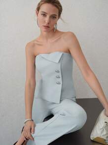 MOTF PREMIUM 正面纽扣抹胸上衣 - 藍色 - 查看 4