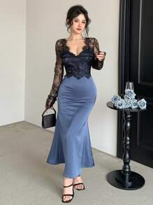 DAZY 性感修身派对/婚礼宾客礼服，网眼、蕾丝和缎面拼布 V 领幻觉礼服舞会礼服优雅秋季礼服长袖礼服 - 寶藍色 - 查看 6