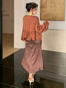 DAZY 2pcs/Set Women Contrast Lace Trim Splice Chiffon Cami Dress & Ruffle Hem Fish Tail Skirt Suits - Brown - View 5