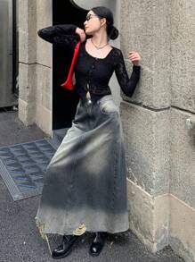 DAZY 女士口袋做旧磨损下摆长款休闲牛仔裙夏季牛仔裙 - 藍色 - 查看 2