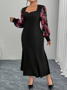 Modelyn Plus Size Woven Fabric Patchwork Waist Design Long Sleeve Dress - Black - View 4