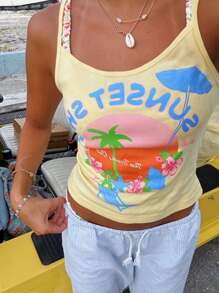 INAWLY Women Short Crop Beach Print Yellow Cami Top - Yellow - View 3