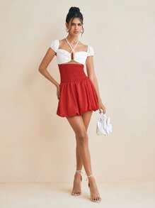 HANNA ALEKSANDRA Designer Halter Neck Smocking Puffball Mini Skirt, Concert Outfit
