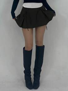 Strévra 女士蝴蝶结装饰百褶迷你裙 Y2k - 黑色 - 查看 2