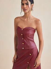 MODERRE Designer Burgundy PU Leather Strapless Corset Top With Gold Heart Buttons - Burgundy - View 4
