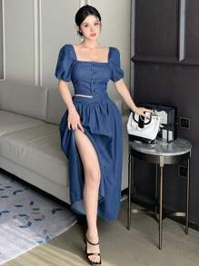 DAZY 女士方领泡泡袖牛仔上衣和半身裙套装 - 深色水洗藍 - 查看 5