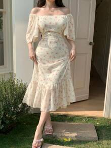 DAZY Elegant Floral Chiffon Flounced Square Neck Midi Mermaid Dress For Women, Summer Sundress Vacation Outfits Women - Apricot - View 6