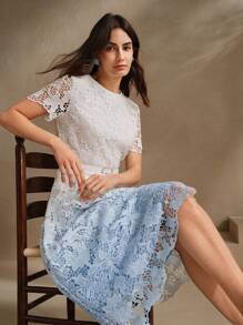 Anewsta Váy ôm body midi ren chuyển màu cho nữ, cổ tròn tay ngắn, phù hợp cho mùa xuân/hè, bãi biển, kỳ nghỉ, thanh lịch - Màu xanh nhạt - Xem 5