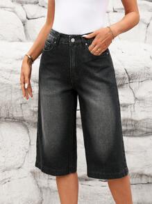 SHEIN LUNE Blugi Capri pentru femei, cu buzunare, cu picior larg, lejer, casual, versatili - Negru - Vizualizare 5