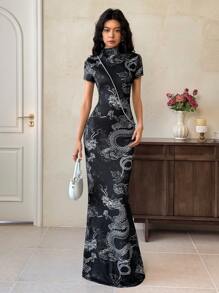 EastFlair Women's Stand Collar Short Sleeve Hollow Back Chinese Dragon Print Long  Elegant Wedding Date Dress Chinese Style Patterns