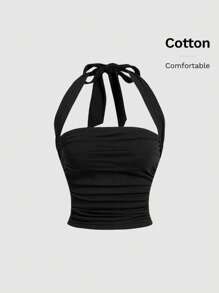 SHEIN MOD Black Solid Color Knitted Lace-Up Halter Neck Women's Top