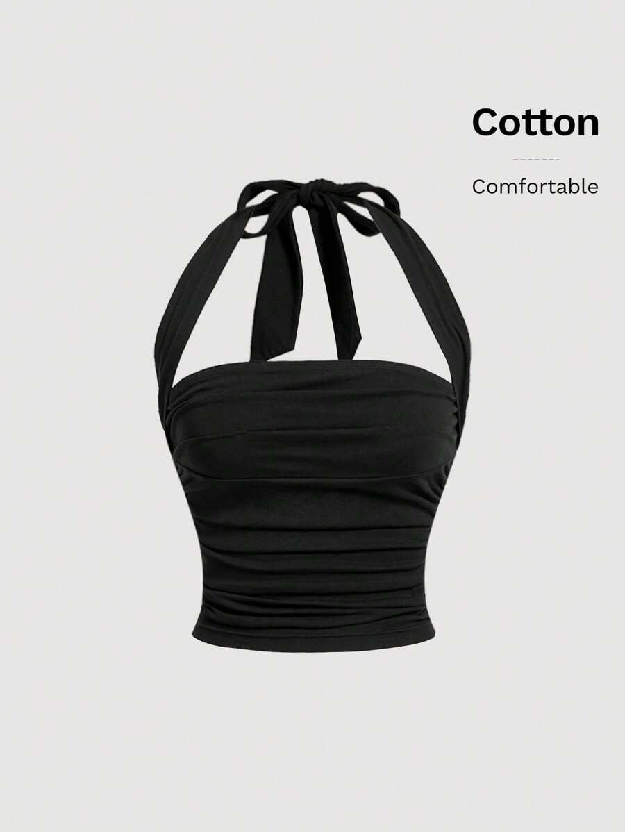 SHEIN MOD Black Solid Color Knitted Lace-Up Halter Neck Women's Top