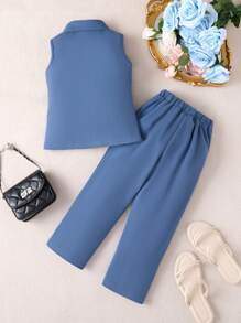 Souflis Souflis 2pcs Young Girl Elegant Solid Color Floral Decor Top And Pants Set - Blue - View 2