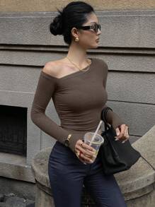 DAZY Áo thun nữ cổ bẻ màu trơn đơn giản, áo dài tay mùa thu, quần áo nữ mùa thu - Cà phê nâu - Xem 5