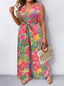 SHEIN Clasi 优雅通勤休闲夏季度假花卉图案面料女式时尚百搭畅销无袖 V 领松紧腰皱褶腿连体裤，春夏秋季，多色，加大码 - 彩色 - 查看 3