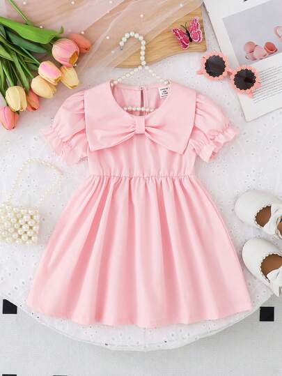 Baby Girls Solid Color Short Sleeve Bowknot Collar Design Casual Dress