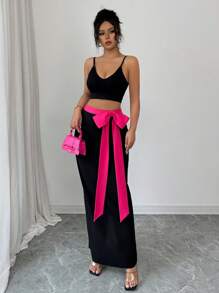 Elenzga Falda midi recta de cintura alta elegante con acento de lazo y contraste de color, versátil para el trabajo y el día a día