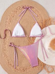 SHEIN Swim 女式夏季节日波西米亚风吊带系带上衣和侧系带可调节性感下装比基尼套装，粉色，适合夏季海滩度假 - 粉色 - 查看 2